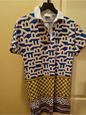 Burberry Blue & Beige All-Over Logo Polo Dress with Checker Trim